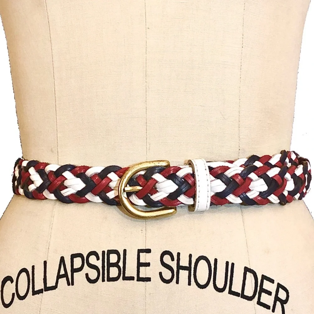 Vintage Y2K Genuine Leather braided woven adjustable belt blue red one size